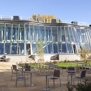 Business School with glass frontage and seating area