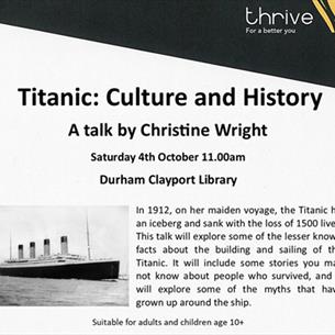 Black and white photo of the Titanic. Titanic: Culture and History - A talk by Christine Wright.