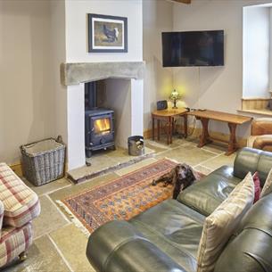 Log burner, stone tiled floor and green leather sofa.