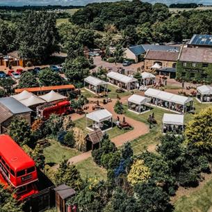 Aerial images showing a bus and buildings