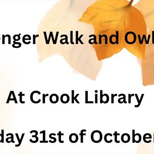 Scavenger Walk and Owl Craft at Crook Library Thursday 31st October 1pm on a background of Autumn Leaves