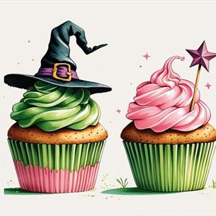 Cupcakes decorated in pink and green with a witch's hat and wand