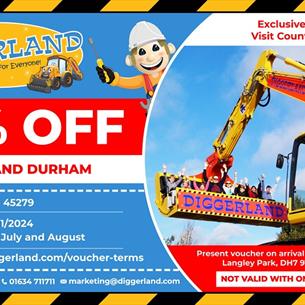 25% off voucher for Diggerland Durham with photo of one  of their digger rides