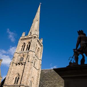 Statue of Neptune and St Nicholas' Church in Durham Market Place