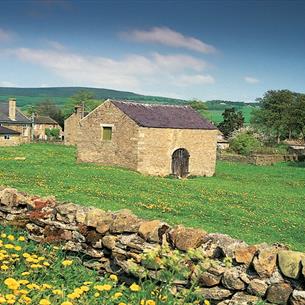 Teesdale landscape, stone barn, stone cottages