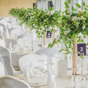 White tables and chairs with green table displays, cutlery, serviettes