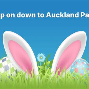 Cartoon image of bunny ears and Easter eggs in long grass.