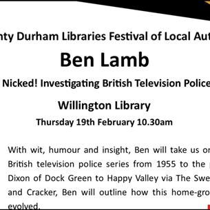 Black and white photo of Ben Lamb, County Durham Libraries Festival of Local Authors, Willington Library. 