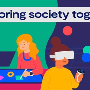 Colourful illustration of young people using technology