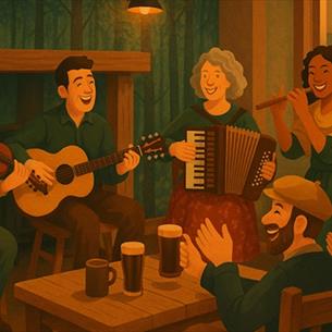 Cartoon image of a group of people sitting around a table playing musical instruments