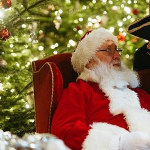 Father Christmas sitting in front of a Christmas Tree at Raby Castle