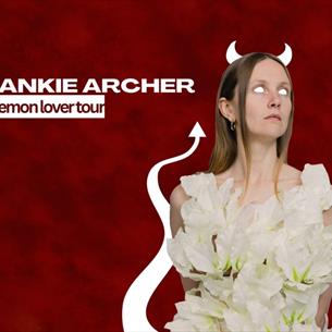 Event poster, a woman with devil horns and tail dressed in white