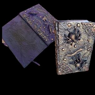 Two examples of a Grimmoire, one in purple, the other silver