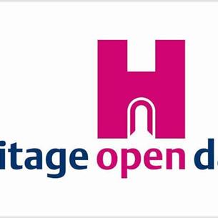 Heritage open days logo of a pink letter 'H' in the shape of a castle.