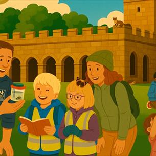 A cartoon image of children and adults enjoying an outdoor activity at Auckland Palace Deer Park