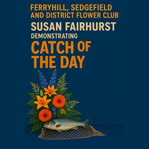 Poster for event including title and an image  of a fish lying in front of a flower arrangement