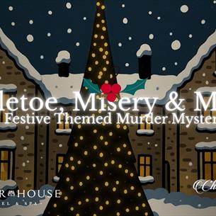 coloured painting of the Manor House in the snow with a Christmas Tree in cartoon style