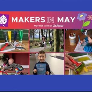 Collage of children doing crafts, outdoor trail and paints.