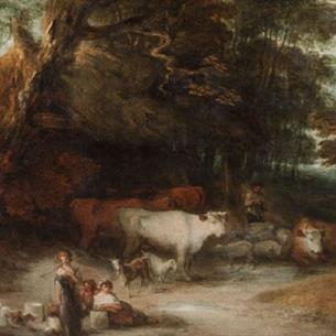 Thomas Gainsborough painting 1727–1788,  Wooded Landscape with a Milkmaid, Rustic Lovers, and a Herdsman, around 1775 – 1777, oil on canvas