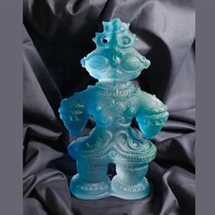 Modern Japanese bluish glass sculpture with a design based on ancient form.