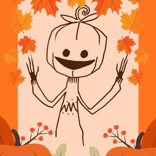 Cartoon image of the character Pumperknickle surrounded by pumpkins and autumn leaves