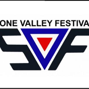 Stone Valley Festivals logo in black, blue and red on a white background.