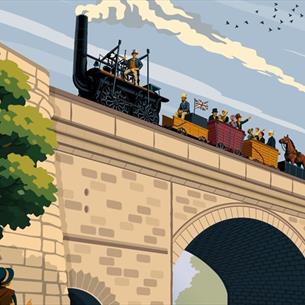 Colourful print of Locomotion No.1 travelling over a railway bridge