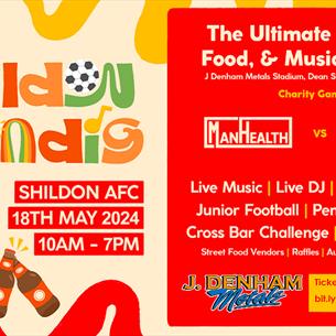 The Shildon Shindig - 18th May 2024. Graphic illustrations of beer, football and musical notes.