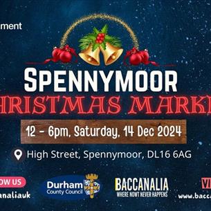 Spennymoor Christmas Market event details with cartoon images of Christmas Tree, candy cane, star, candle and Christmas decorations