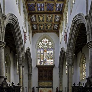 St Peter's Chapel at Auckland Castle, decorative ceiling, pillars and stained glass window