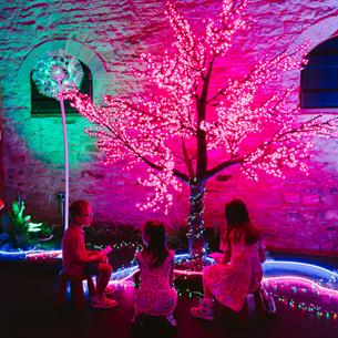 Children sitting under a tree with leaves made from pink fairy lights at 'The Hidden Garden: An Immersive Experience'  - Raby Castle, Park and Gardens