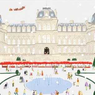 Coloured drawing of the Bowes Museum with Winter Market in the grounds