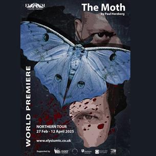 A blue moth with the faces of two men hidden behind