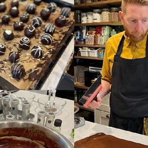 Photos showing Paul A.Young in a Chocolate Truffle Master Class, and a selection of chocolates with white swirly patterns on them 
