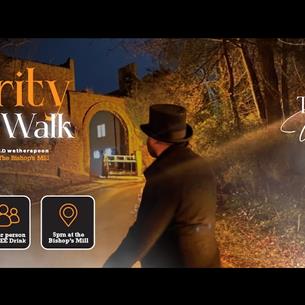 Durham Charity Ghost Walk 2026. Spooky photo of Andrew Ross looking up towards the South Bailey. 