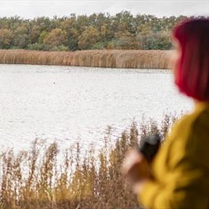 Woman with short red hair, wearing a yellow top, birdwatching with binoculars at RSPB Saltholme. Photo Credit: Brian Morrison (rspb-images.com)