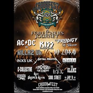 Crookfest 26. List of bands, and background image of a crowd with their hands in the air.