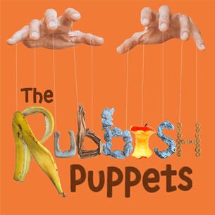 Hands with strings attached to fingers and letters on each string which spell 'The Rubbish Puppets'