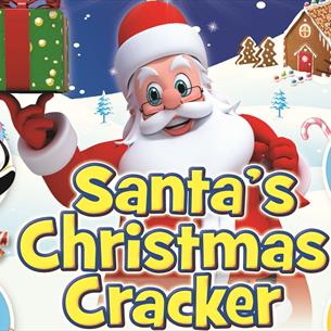 Cartoon images of Santa and friends (elves, penguin, reindeer)