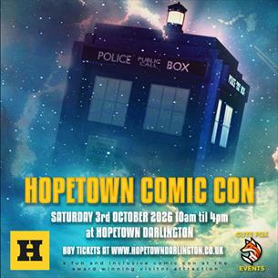 Text 'Hopetown Comic Con' with Dr. Who's Tardis in the background. 