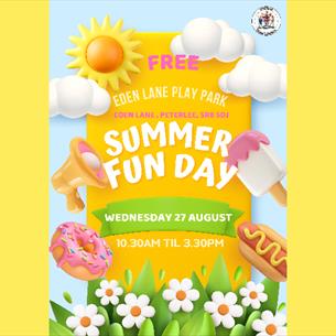 Poster promoting free family fun day in Peterlee. Illustrations of the sun, ice creams, doughnuts and hot dogs.