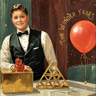 Painting of a young man in a waistcoat and Dickie Bow Tie posing in front of gold magic equipment and a red balloon. 