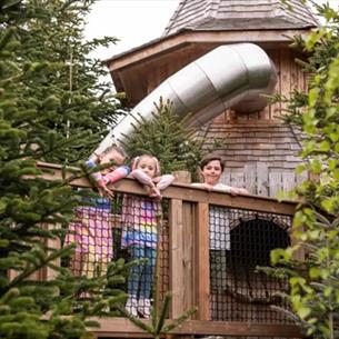 Three children peering over a fence in The Plotter's Forest