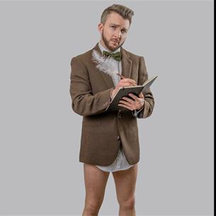 Phil Green writing in a notebook, wearing a suit (top half) minus trousers.