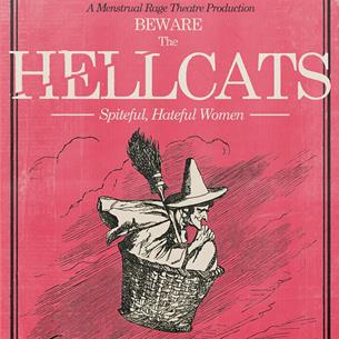 'Beware of The Hellcats' - a sketch of a witch, sitting in a basket, with her broom. 