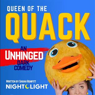 Queen of the Quack. Woman with a duck hat on her head. 
