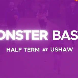 Text reads, 'Monster Bash, Half Term at Ushaw' with a border of autumnal leaves. 