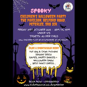 Halloween party poster for children showing cobwebs, bats, spiders, trees and ghouls