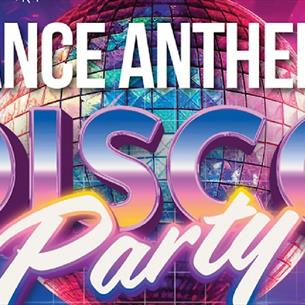 Dance Anthems Disco Party poster with discoball background. 
