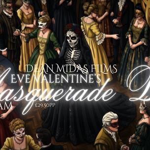 Illustration of people in traditional formal dress at a Masquerade Ball. 